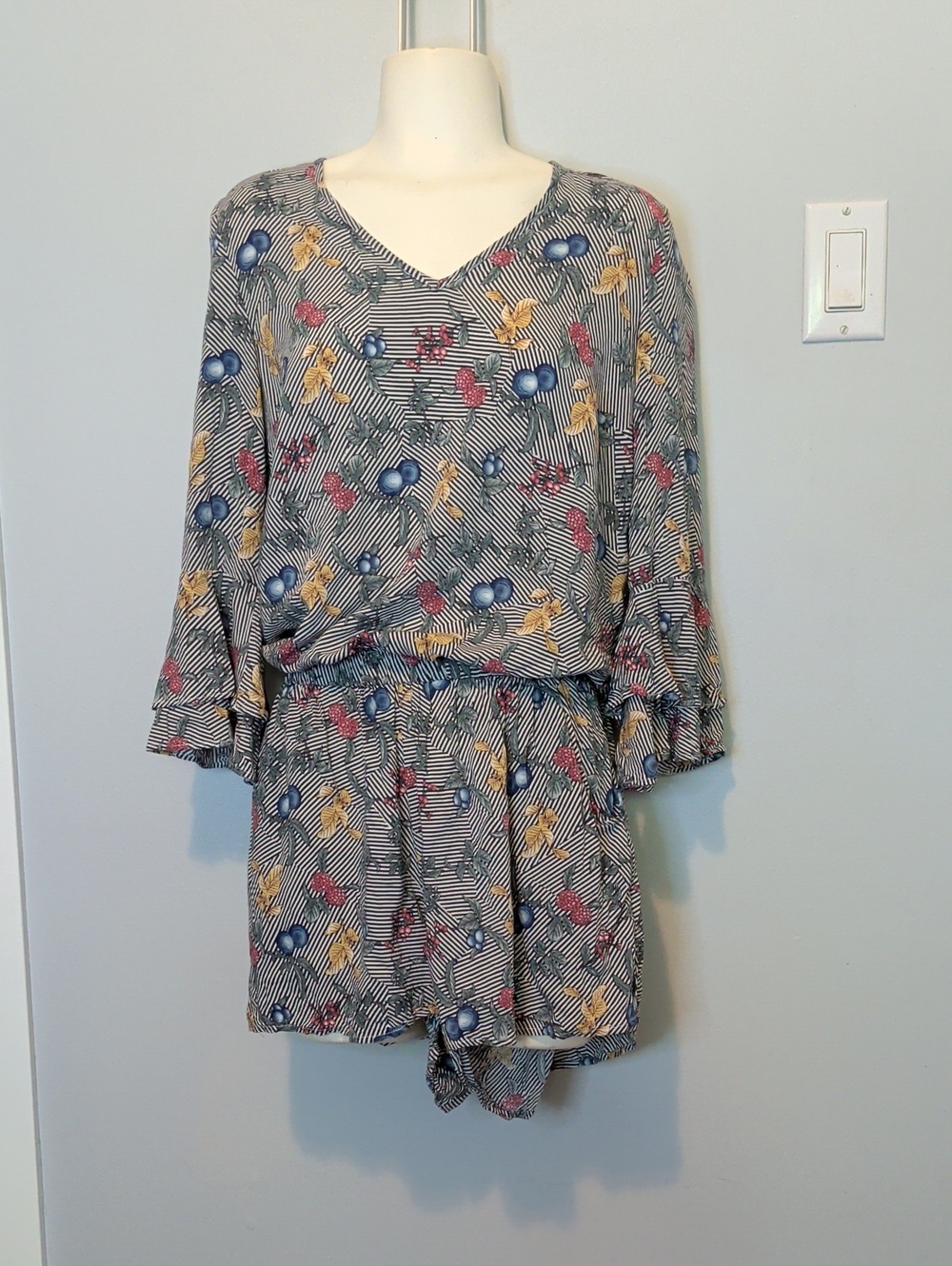 Phillippe Le Bac Fruit Stripe V-Neck Romper in Gray with Blue & Yellow Accents